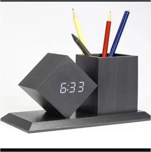 Black Wooden LED Pen Holder Desk Organizer